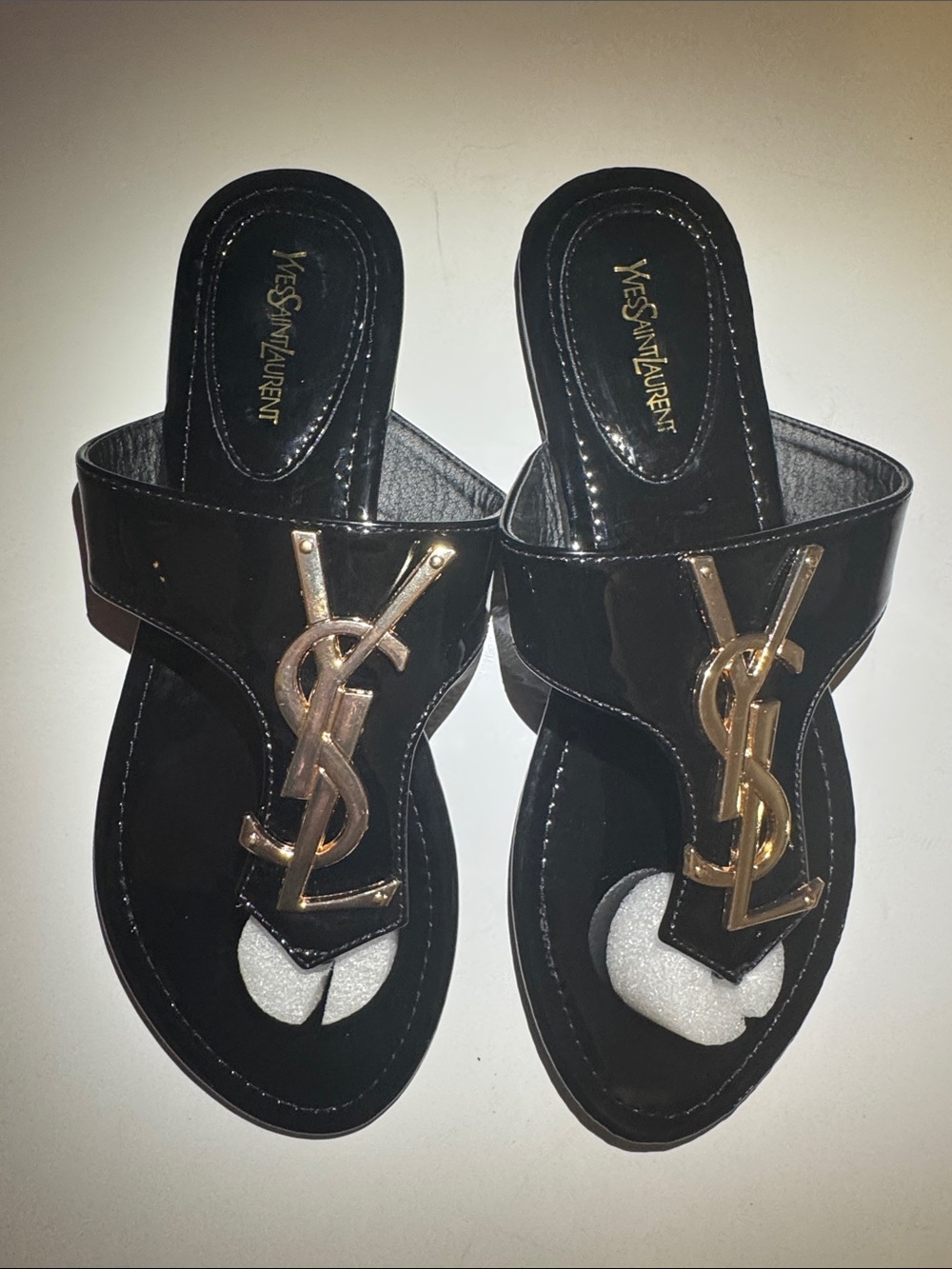 Yves Saint Laurent Black Patent Leather Thong Sandals with Gold Logo